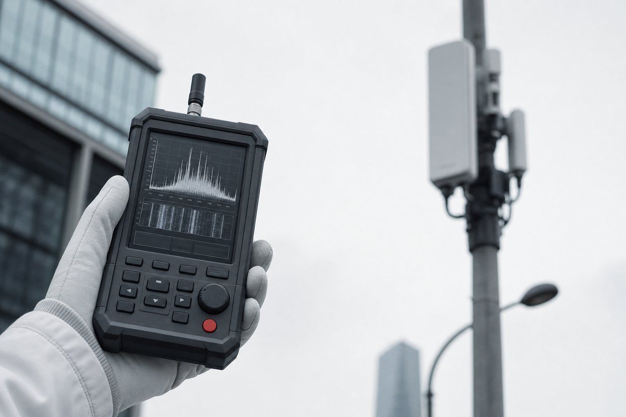 Feldstärkemessgerät auf einem Stativ vor einem entfernten Mobilfunkmast unter freiem Himmel