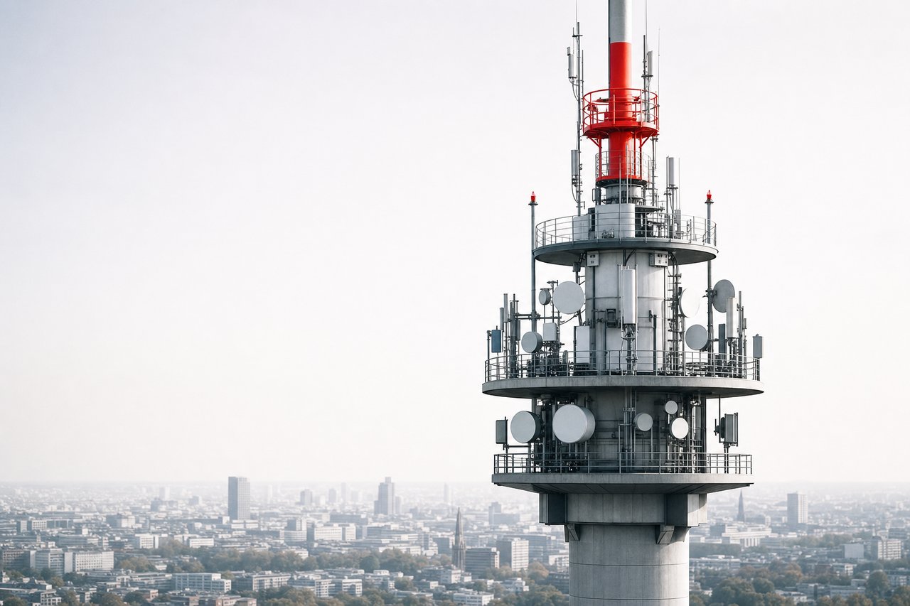 Mobilfunkmast mit mehreren Antennenebenen über einer Stadtsilhouette im Morgendunst
