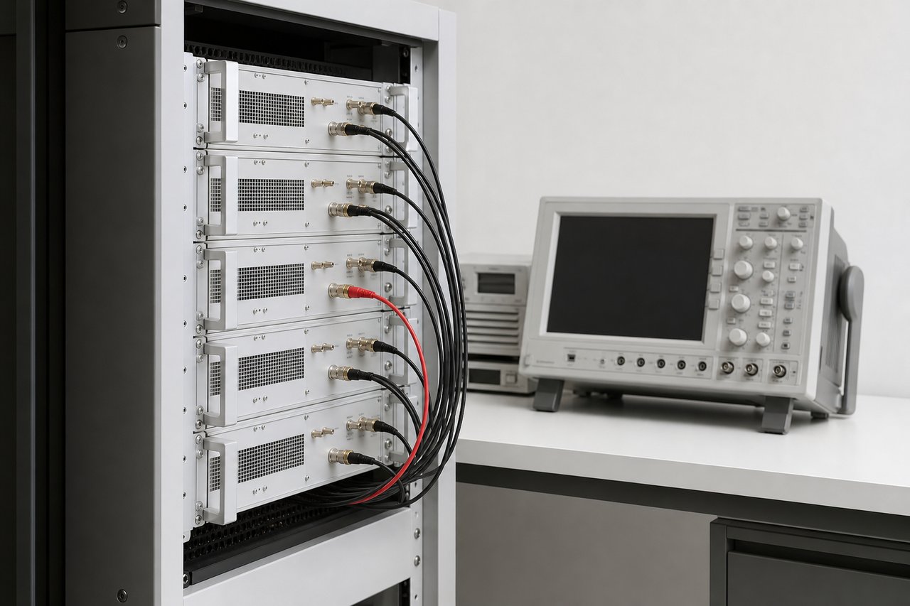 Laborrack mit Software Defined Radio Einheiten und Koaxialkabeln als Funk Testaufbau