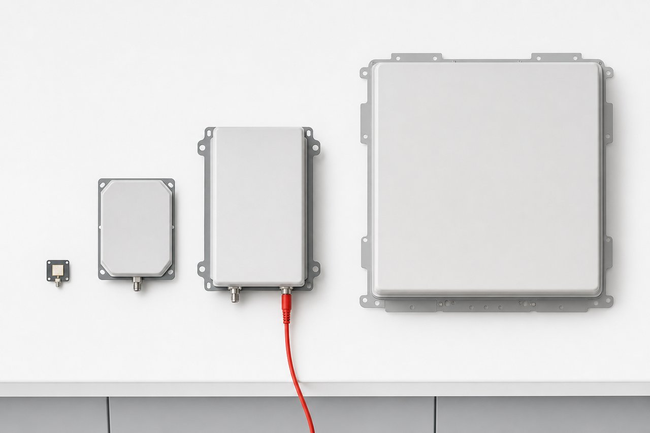 Vier 5G Antennenpanels unterschiedlicher Größe in einer Reihe auf einer weißen Laborbank