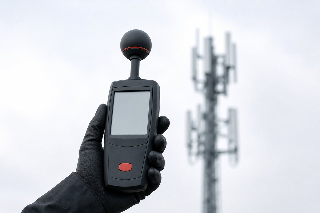 Feldstärkemessgerät vor einem entfernten Mobilfunkmast