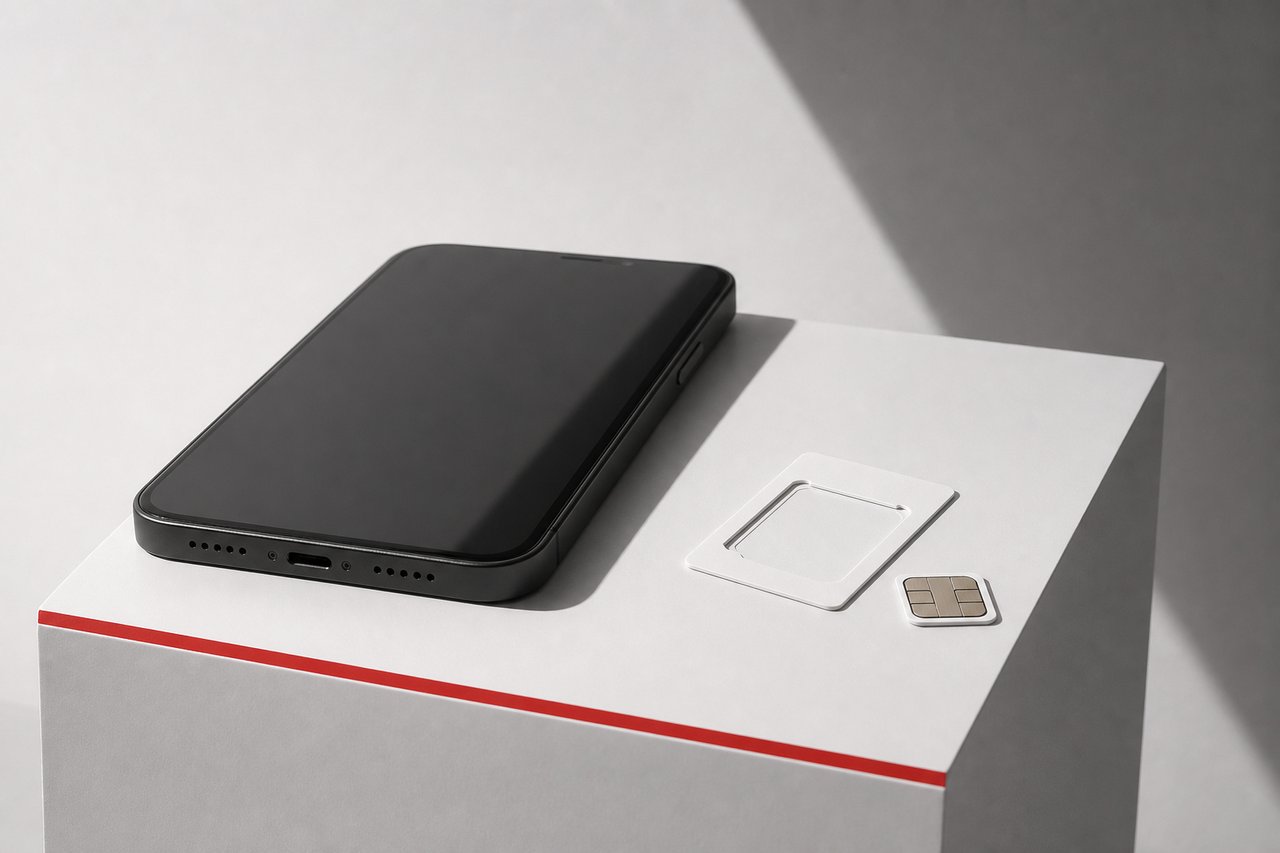 SIM Karte und Smartphone auf einem weißen Sockel in nüchterner Produktaufnahme