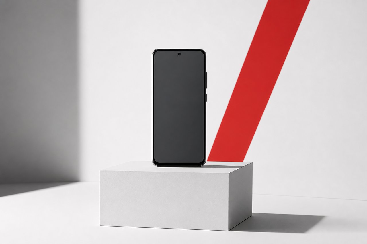 Ein Mittelklasse-Smartphone frontal auf einem weißen Podest wie in einem Produktdatenblatt