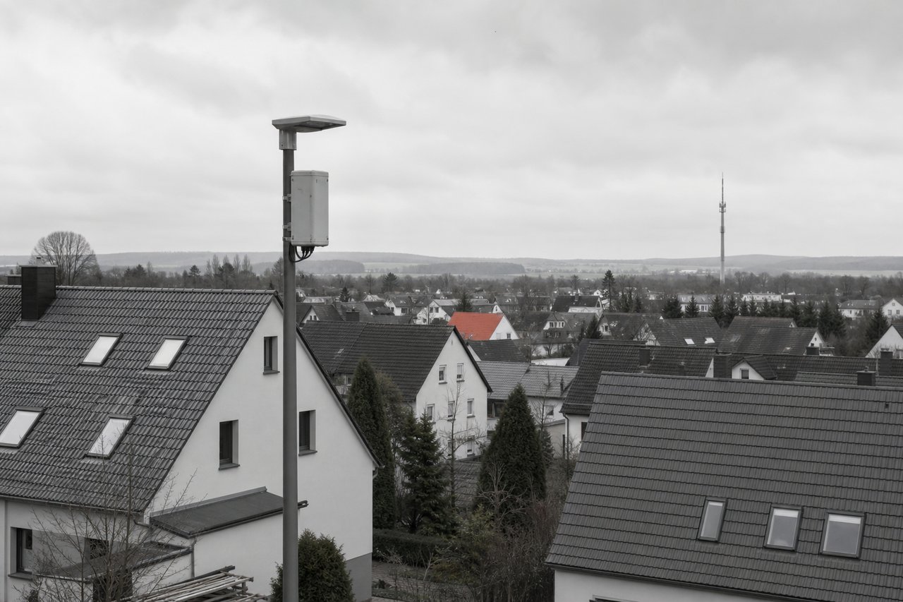 Blick über Dächer einer Kleinstadt mit Mobilfunkmast am Horizont und Small Cell an einer Straßenlaterne